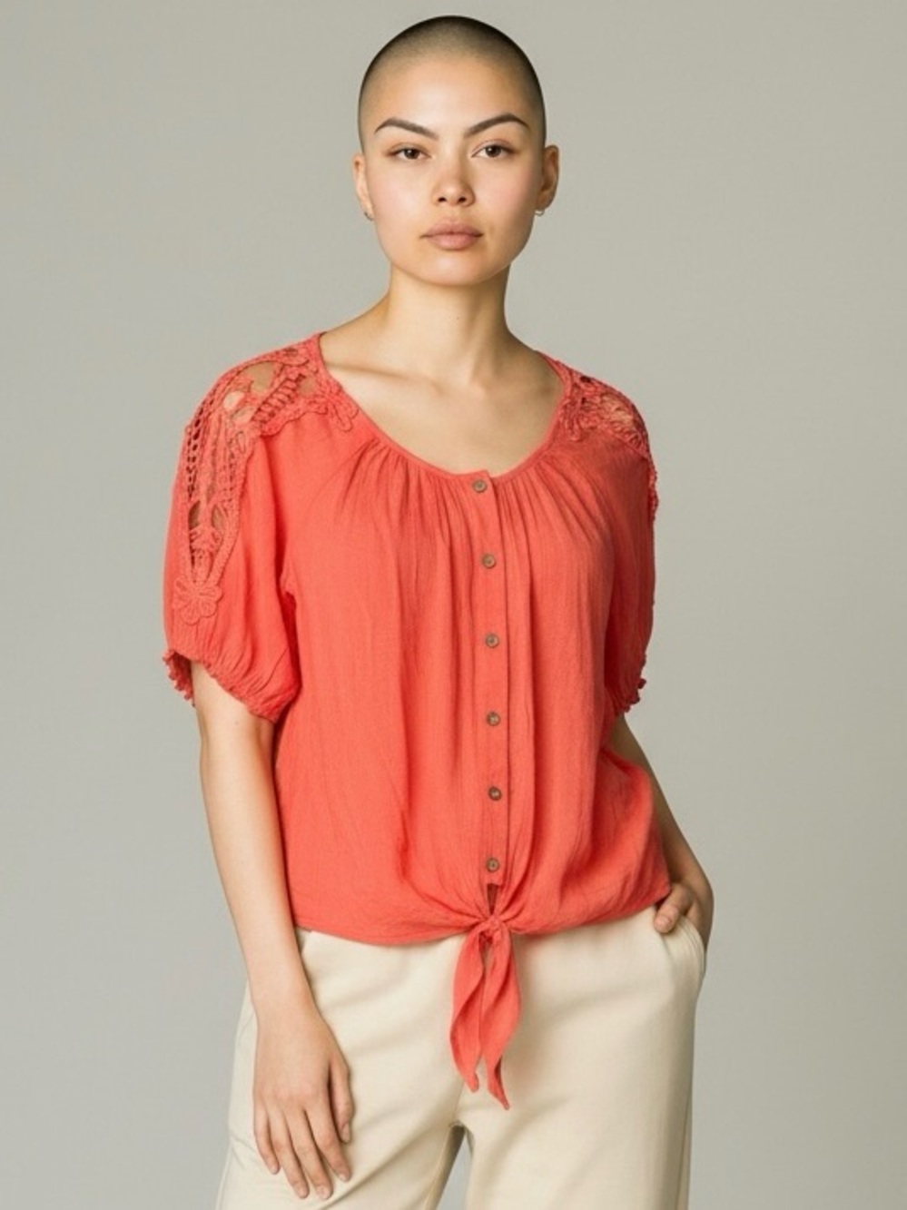 by & by Women’s M Coral Button-Front Tie Hem Crochet Shoulders Top